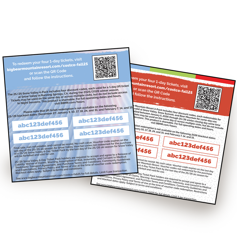 BBMR and Snow Valley 4-pack lift tickets for Costco redemption codes